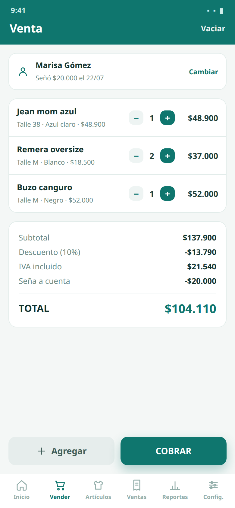 carrito, variantes y seña a cuenta